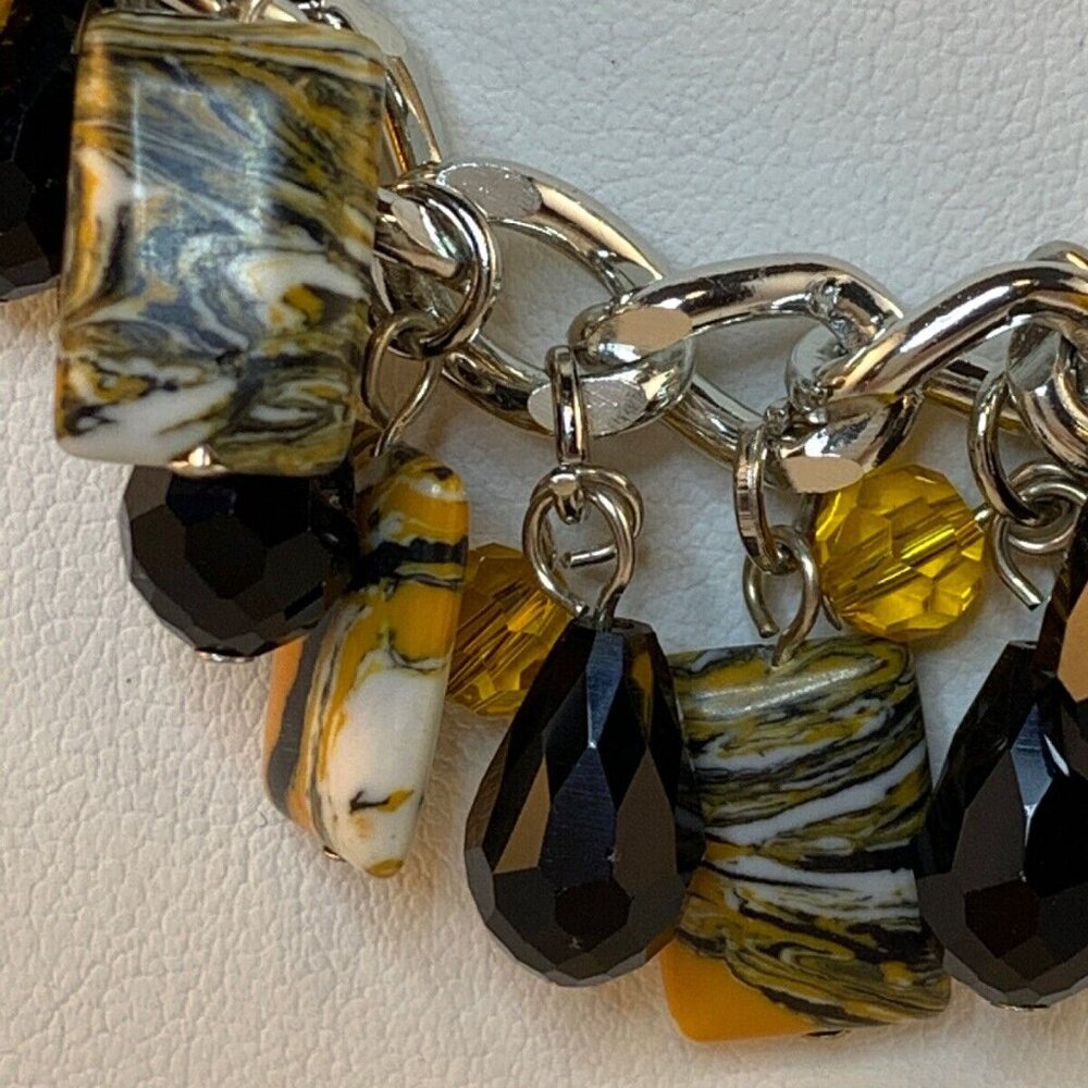 Silver Tone Curb Chain Bib Necklace With Tiger Striped & Crystal Beads (NA111) - Picture 2 of 4